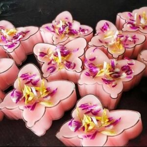 9 pcs x Pink Butterfly SOY candles, flower bloom FO  in glass tea light holder